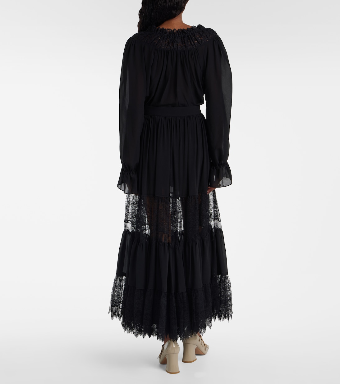 Lace-trimmed tiered silk maxi skirt | Chloé