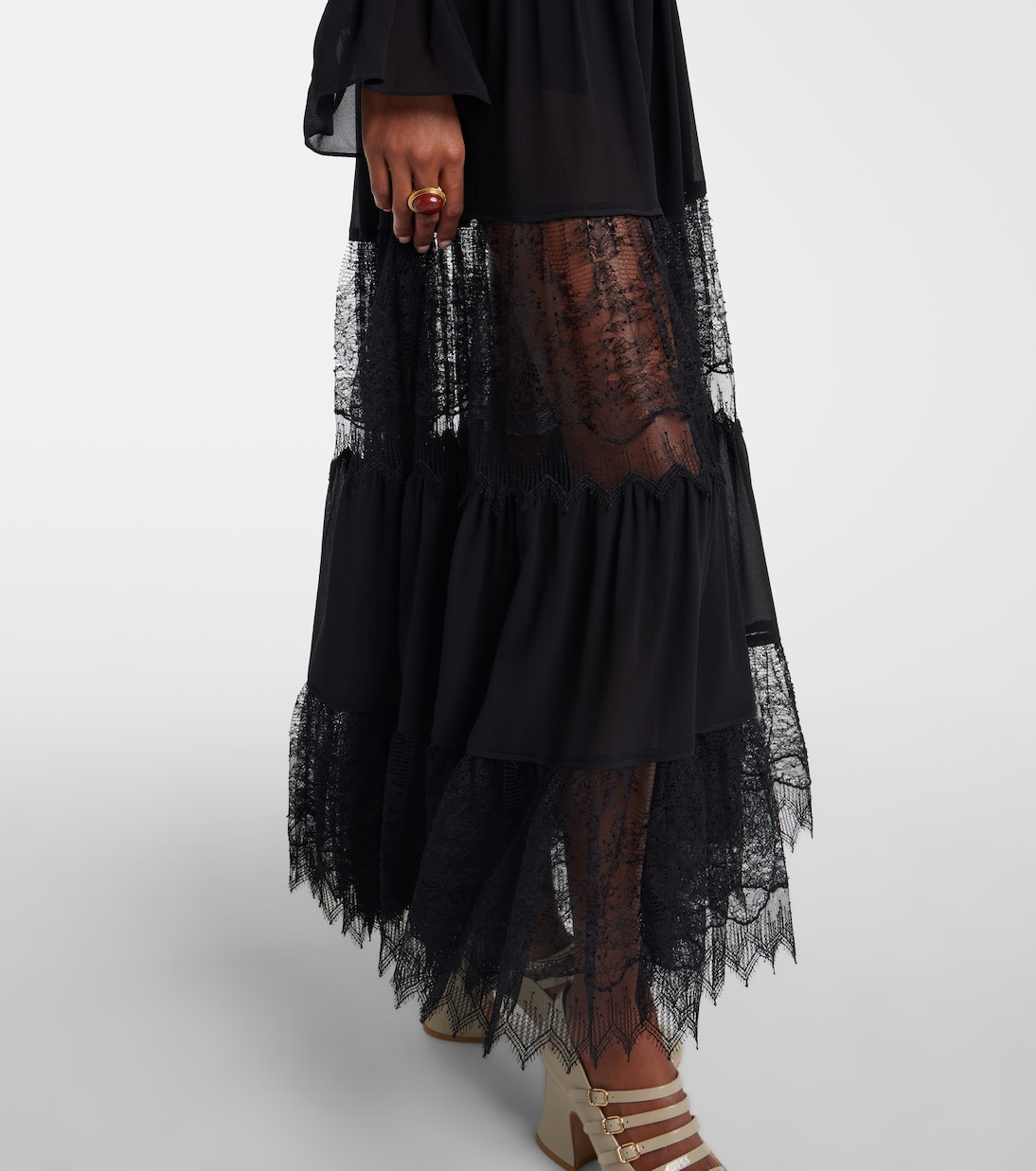 Lace-trimmed tiered silk maxi skirt | Chloé