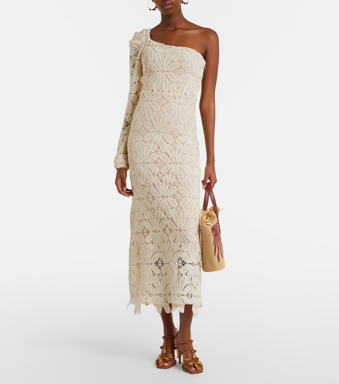 One-shoulder floral crochet cotton midi dress  | Farm Rio