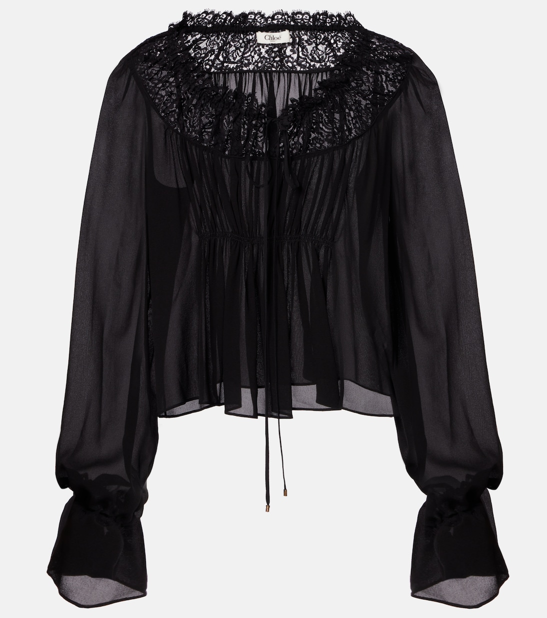 Gathered lace-trimmed silk georgette blouse | Chloé