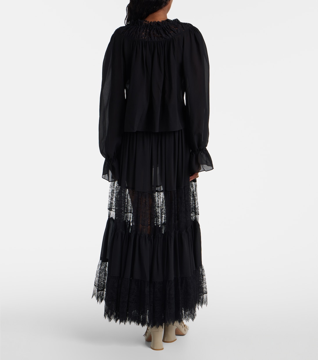 Gathered lace-trimmed silk georgette blouse | Chloé
