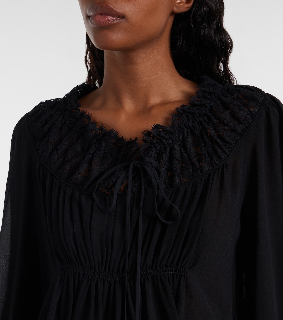 Gathered lace-trimmed silk georgette blouse | Chloé