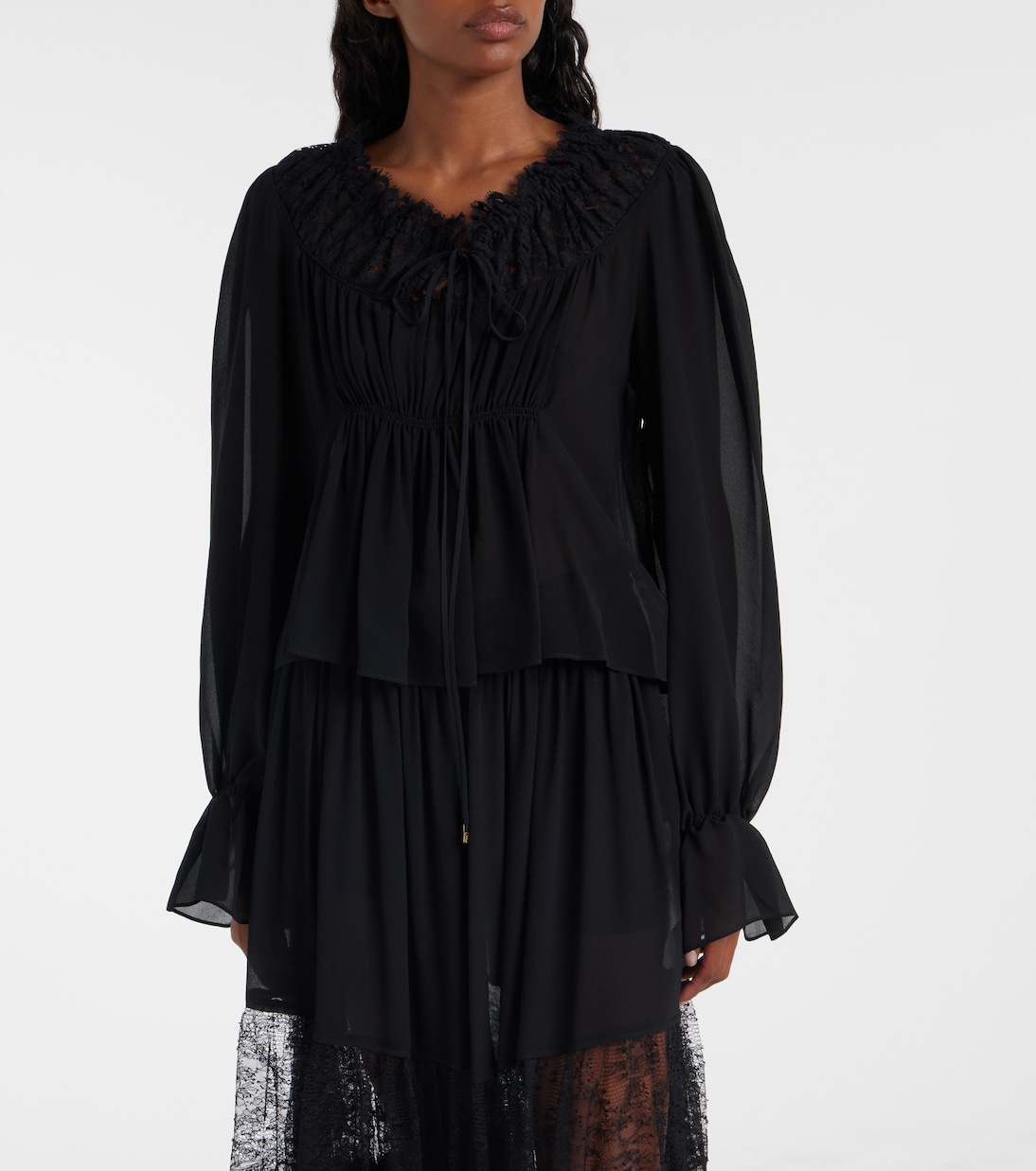 Gathered lace-trimmed silk georgette blouse | Chloé