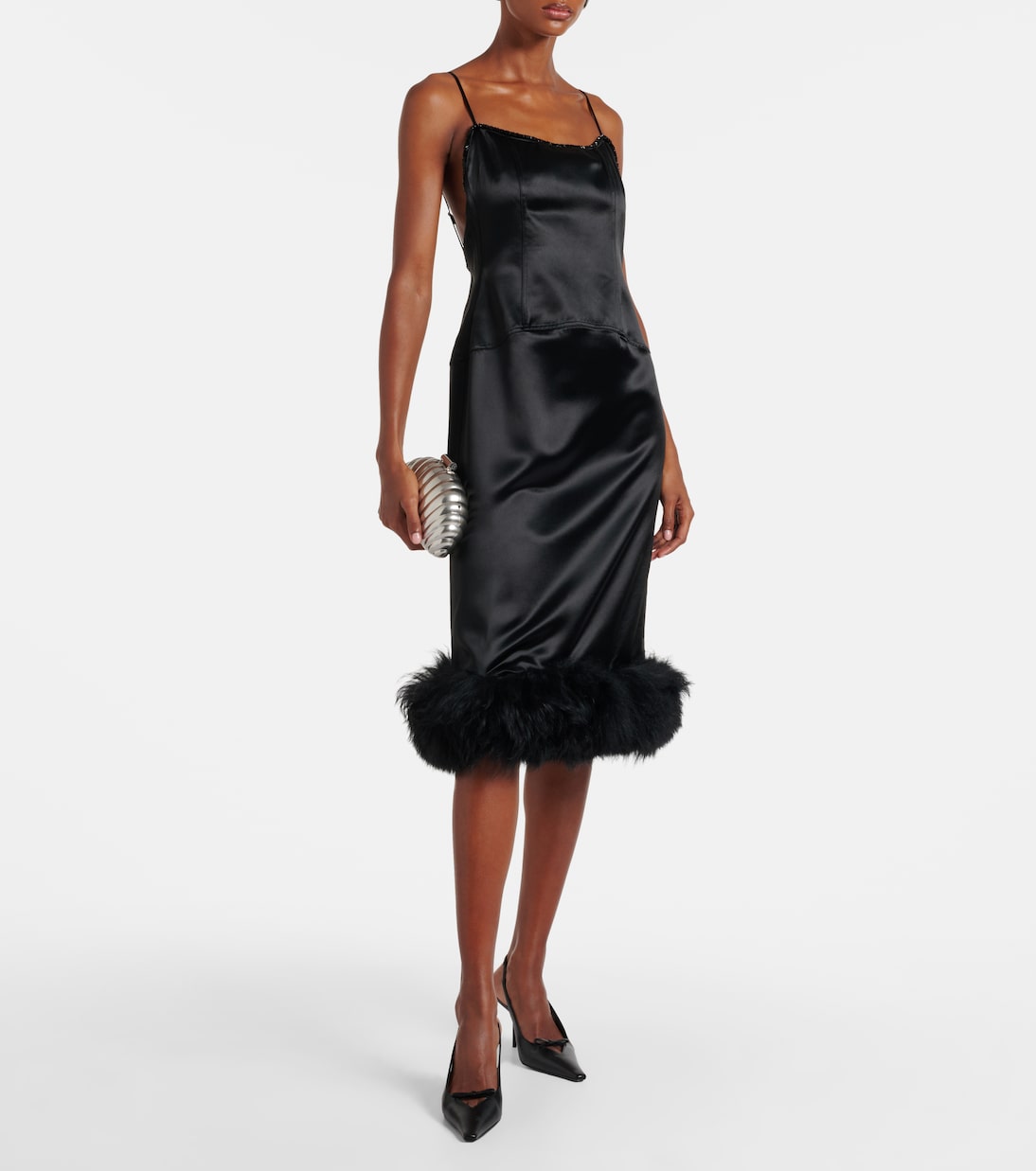 Verziertes Slipdress aus Satin mit Shearling | Jacques Wei