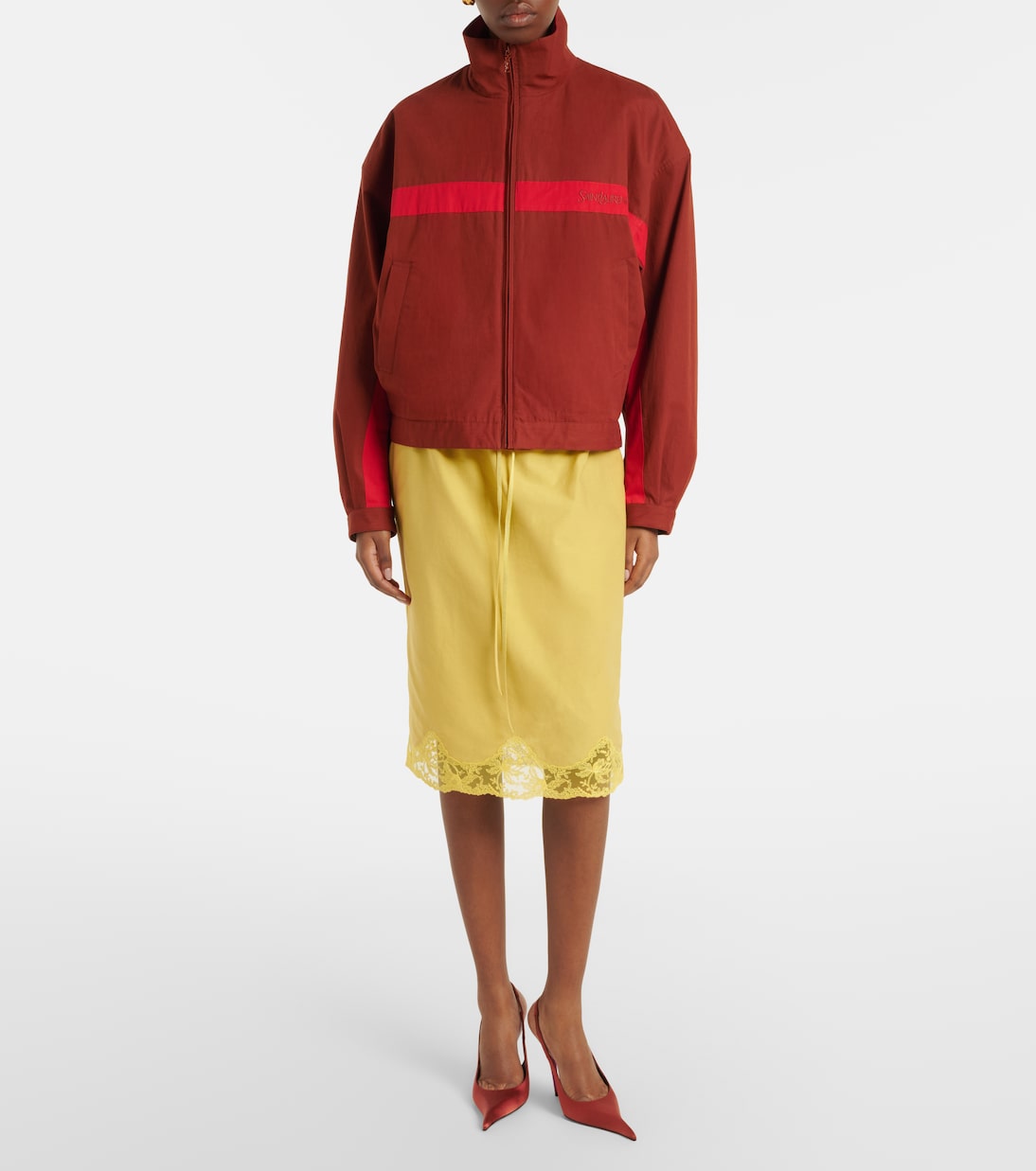 Lace-trimmed cotton and silk midi skirt | Saint Laurent