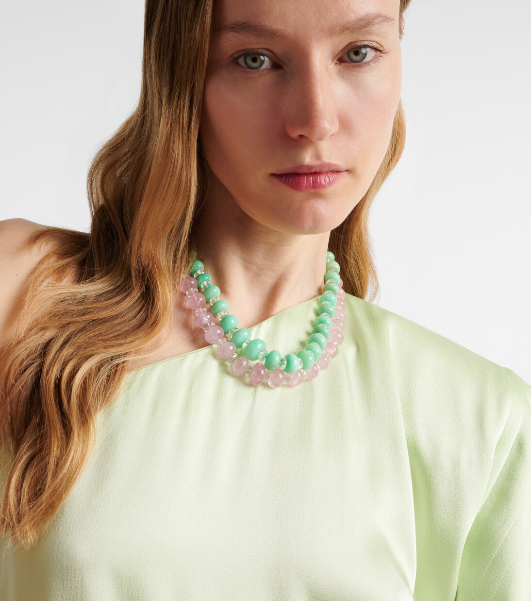 Beaded necklace with morganite, white topaz, and diamonds | Ileana Makri
