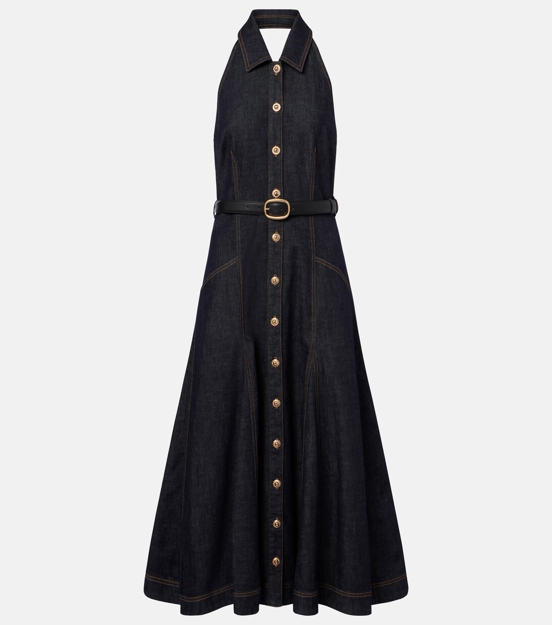 Vestido midi de denim con cuello halter | Self-Portrait