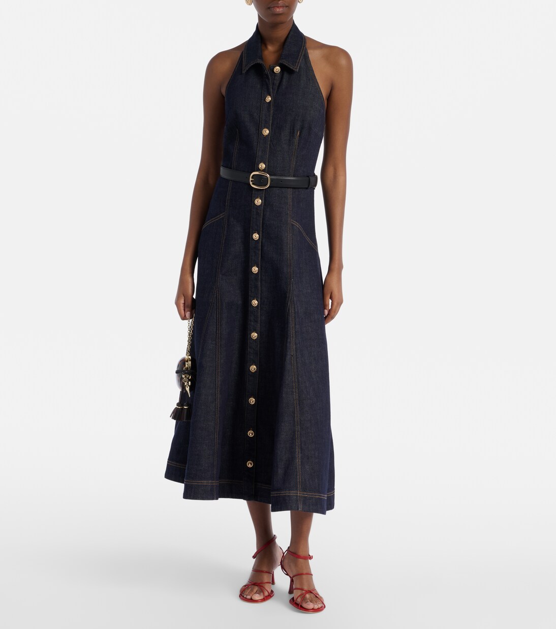 Vestido midi de denim con cuello halter | Self-Portrait