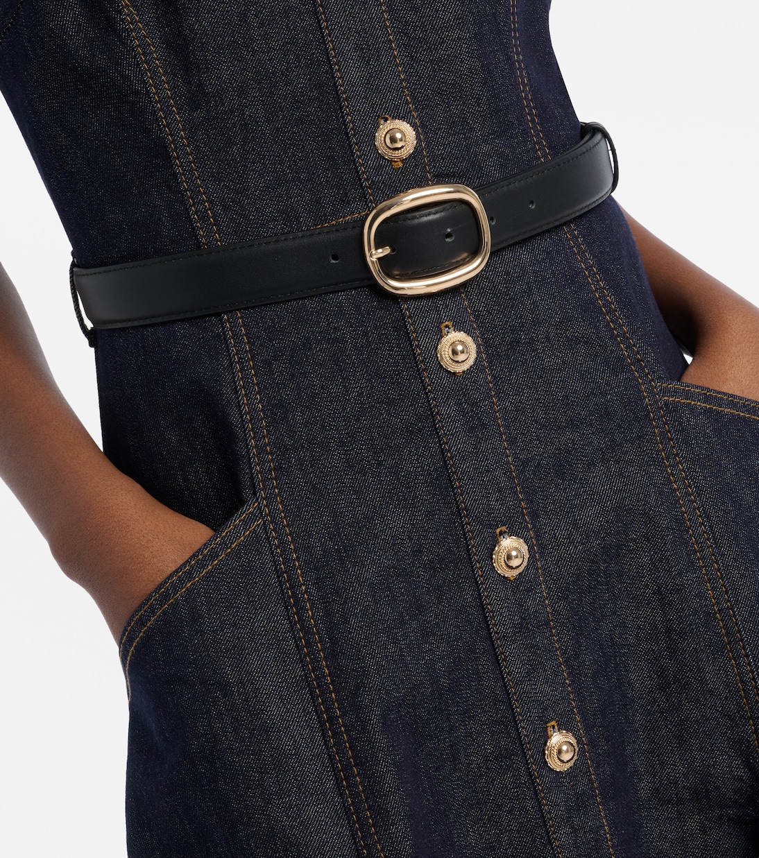 Vestido midi de denim con cuello halter | Self-Portrait