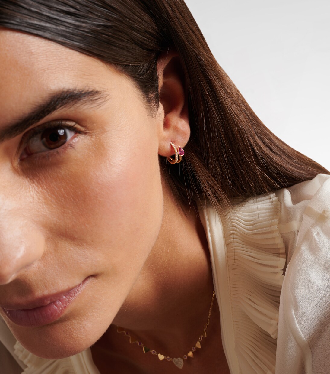 14kt gold single hoop earring with diamonds and sapphire | Roxanne First