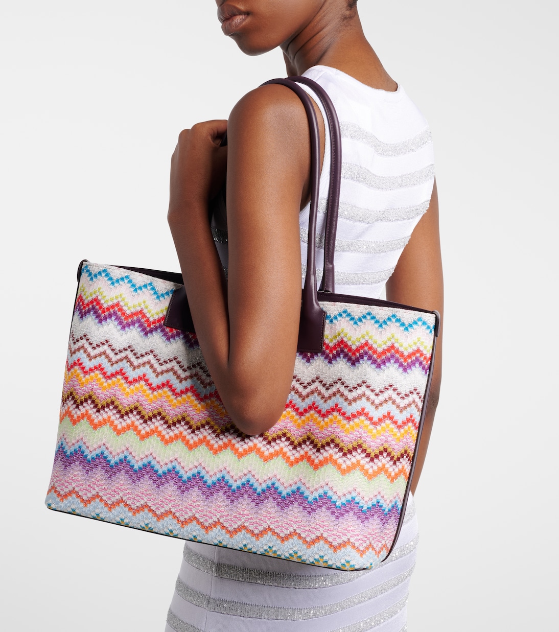 Zigzag leather-trimmed lamé tote bag | Missoni