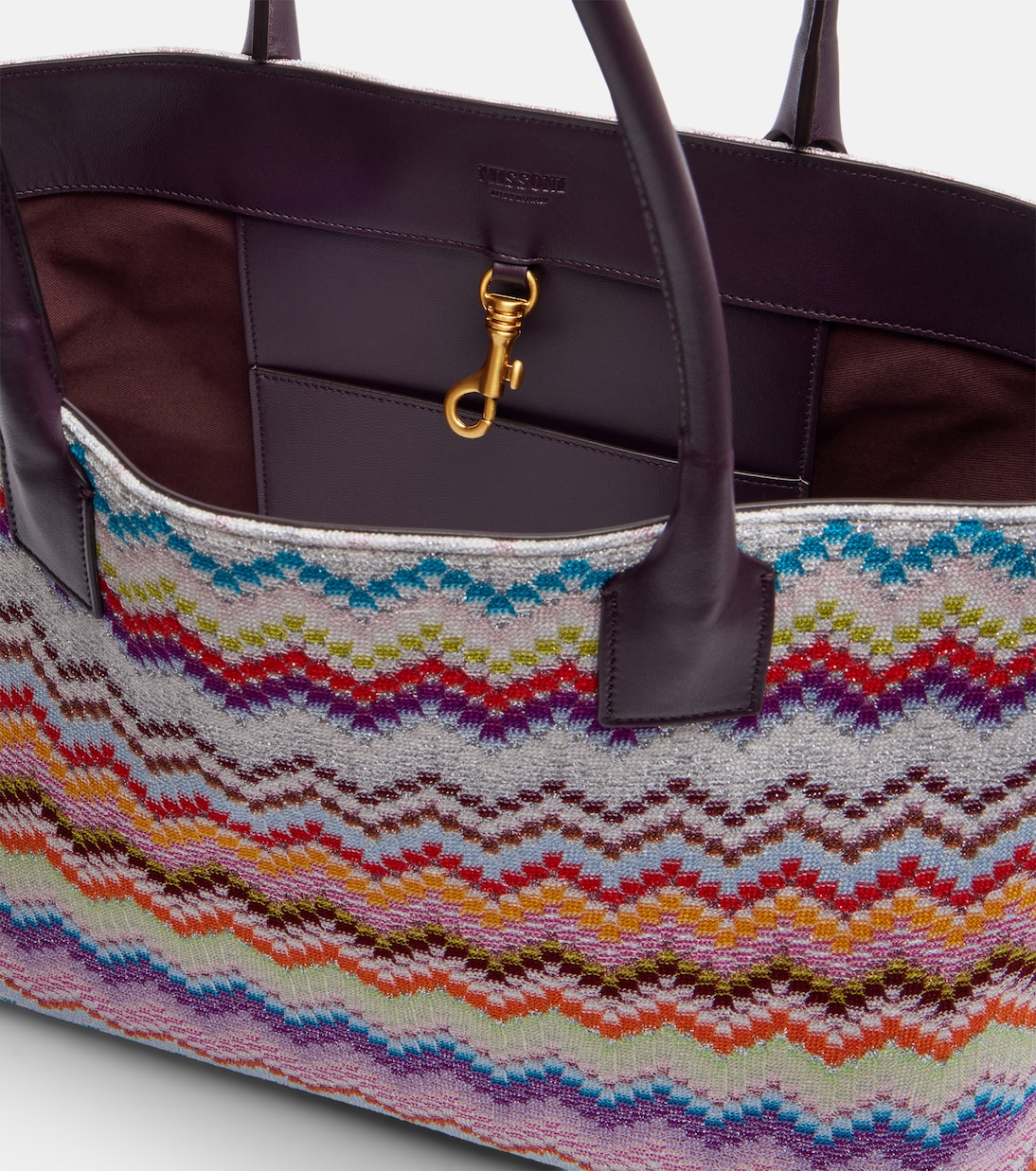 Zigzag leather-trimmed lamé tote bag | Missoni