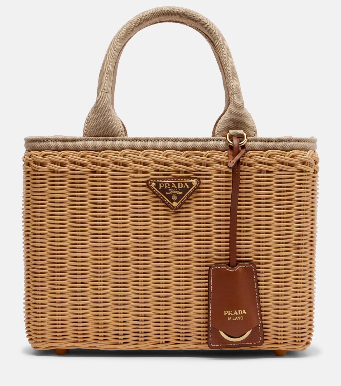 Medium wicker and canvas tote bag | Prada
