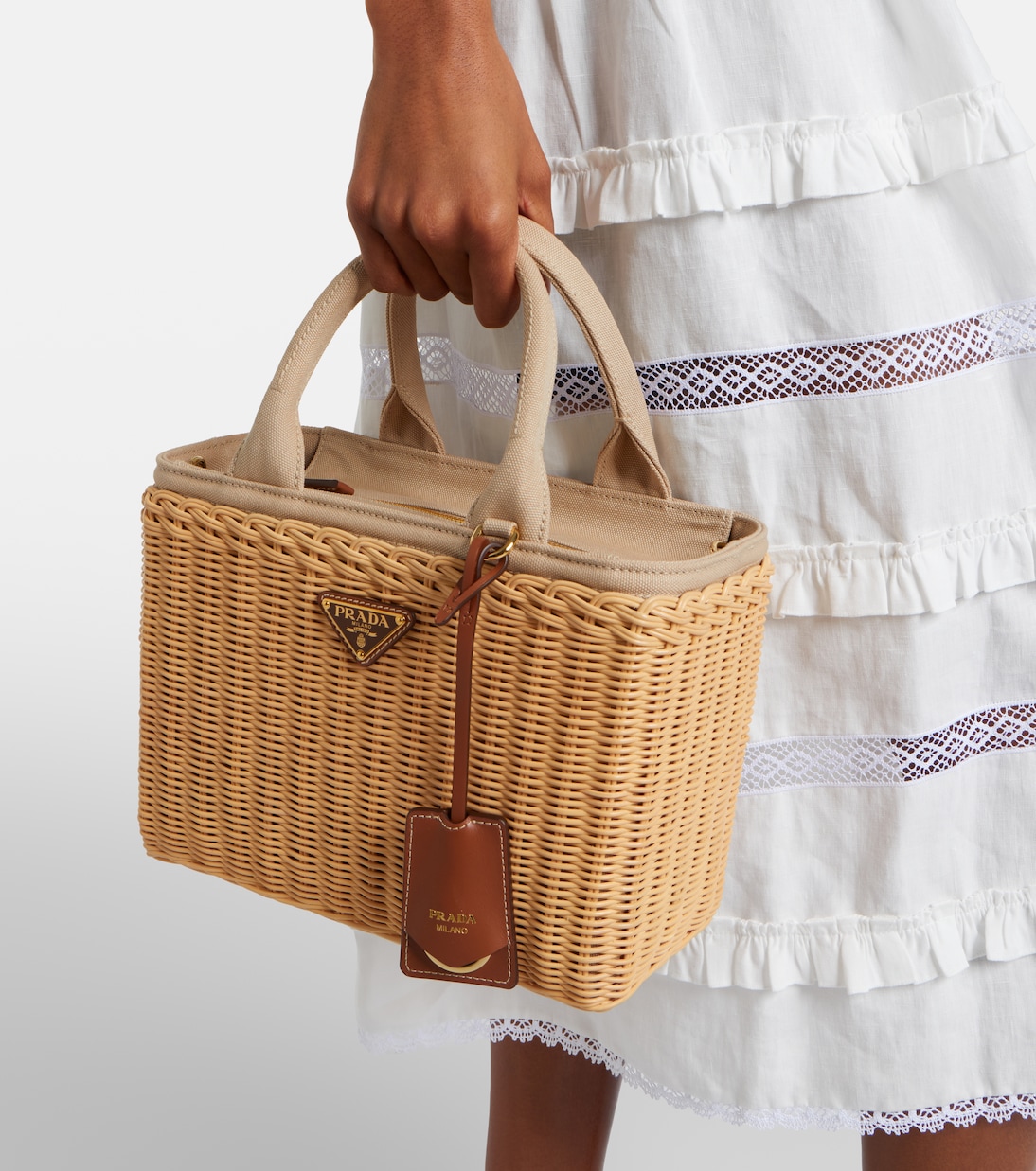 Medium wicker and canvas tote bag | Prada