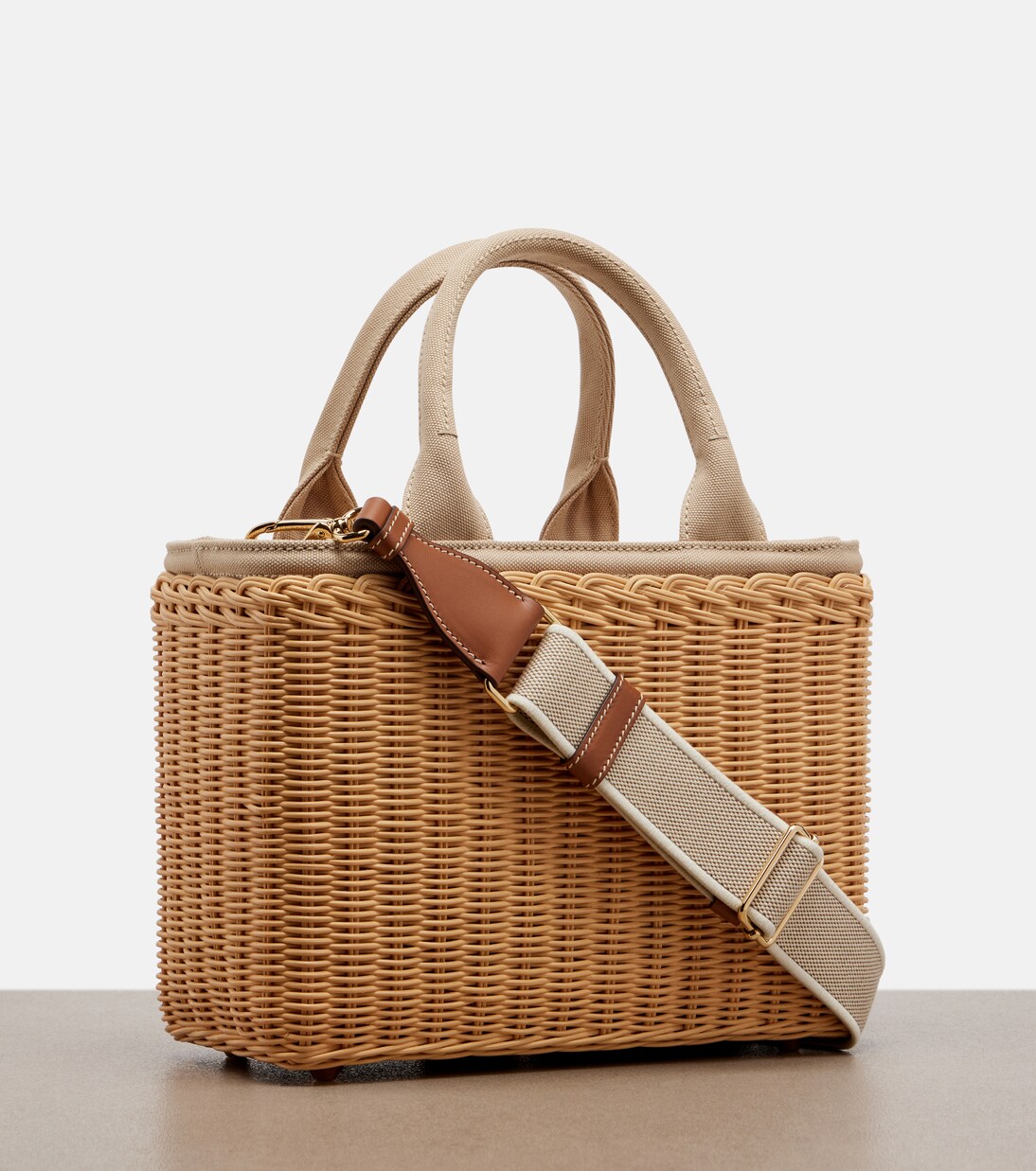 Medium wicker and canvas tote bag | Prada
