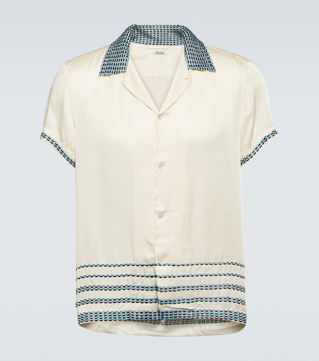 Embroidered silk satin bowling shirt  | Bode