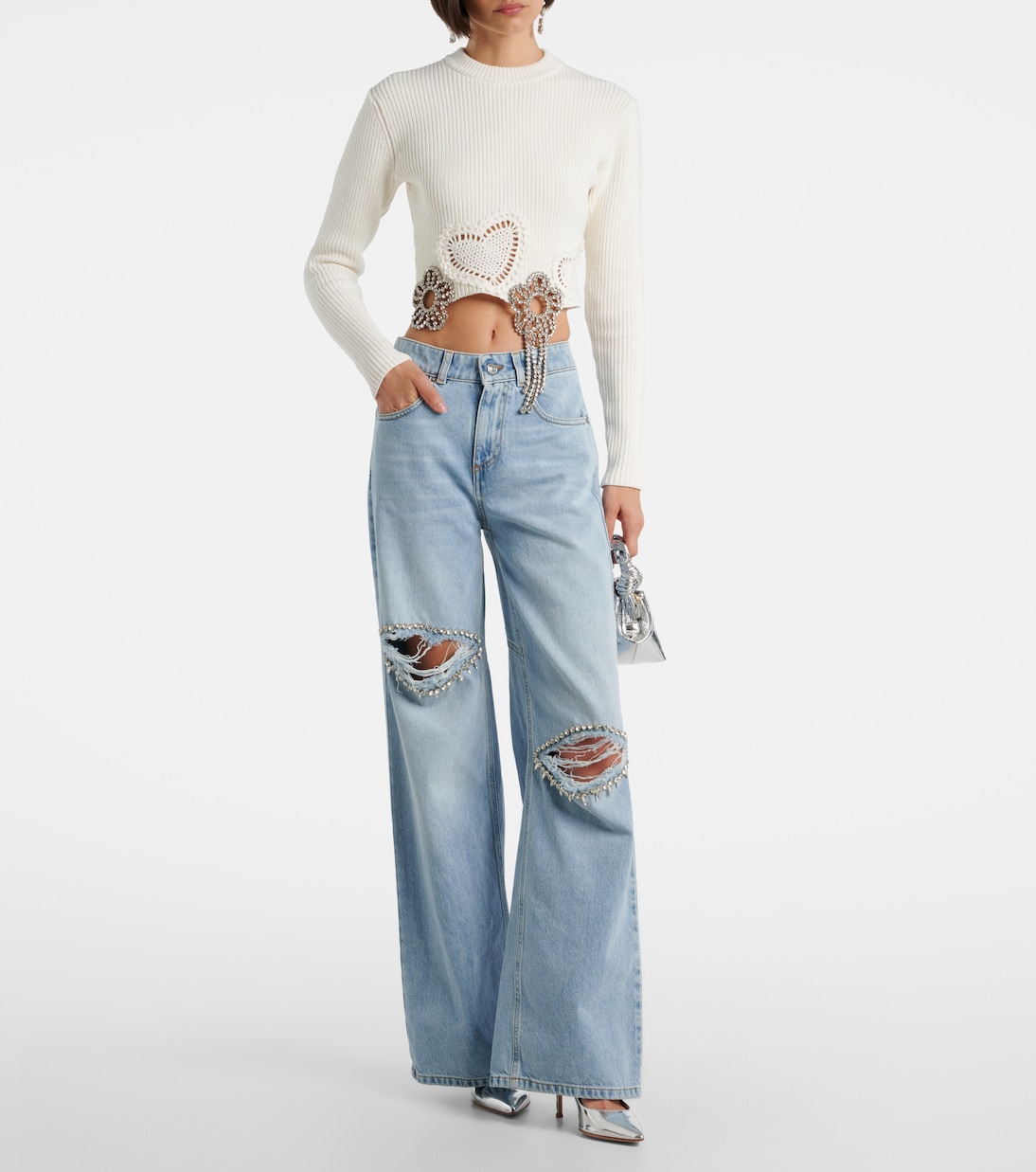 做旧缀饰阔腿牛仔裤 | Area