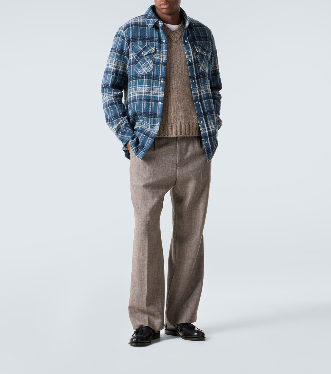 Fantasia plaid cashmere shirt with emerald | God's True Cashmere