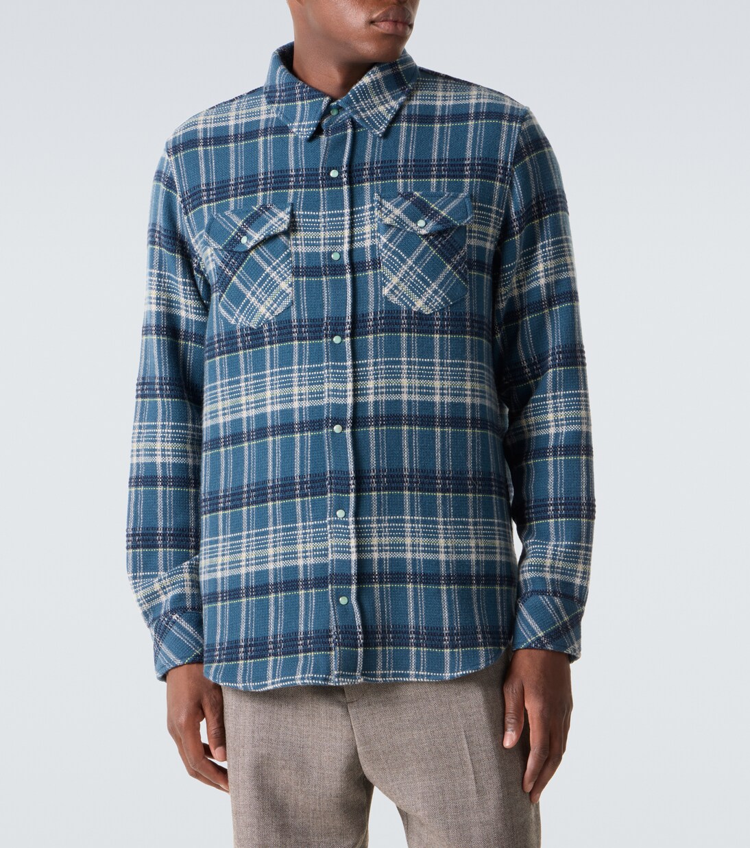 Fantasia plaid cashmere shirt with emerald | God's True Cashmere