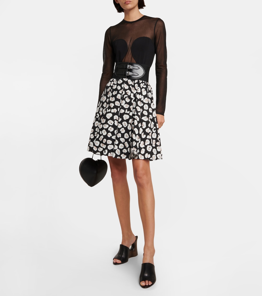 Mini-jupe en coton et cuir à fleurs | Alaïa