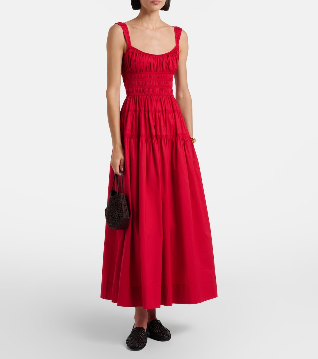 Vestido midi Clover de popelín de algodón fruncido | Dôen