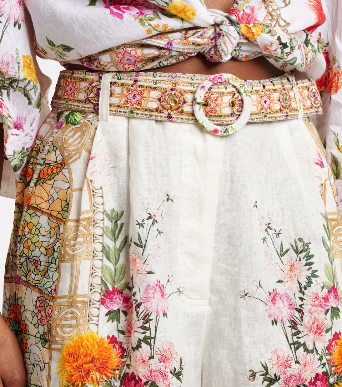 Floral high-rise belted linen shorts | Camilla