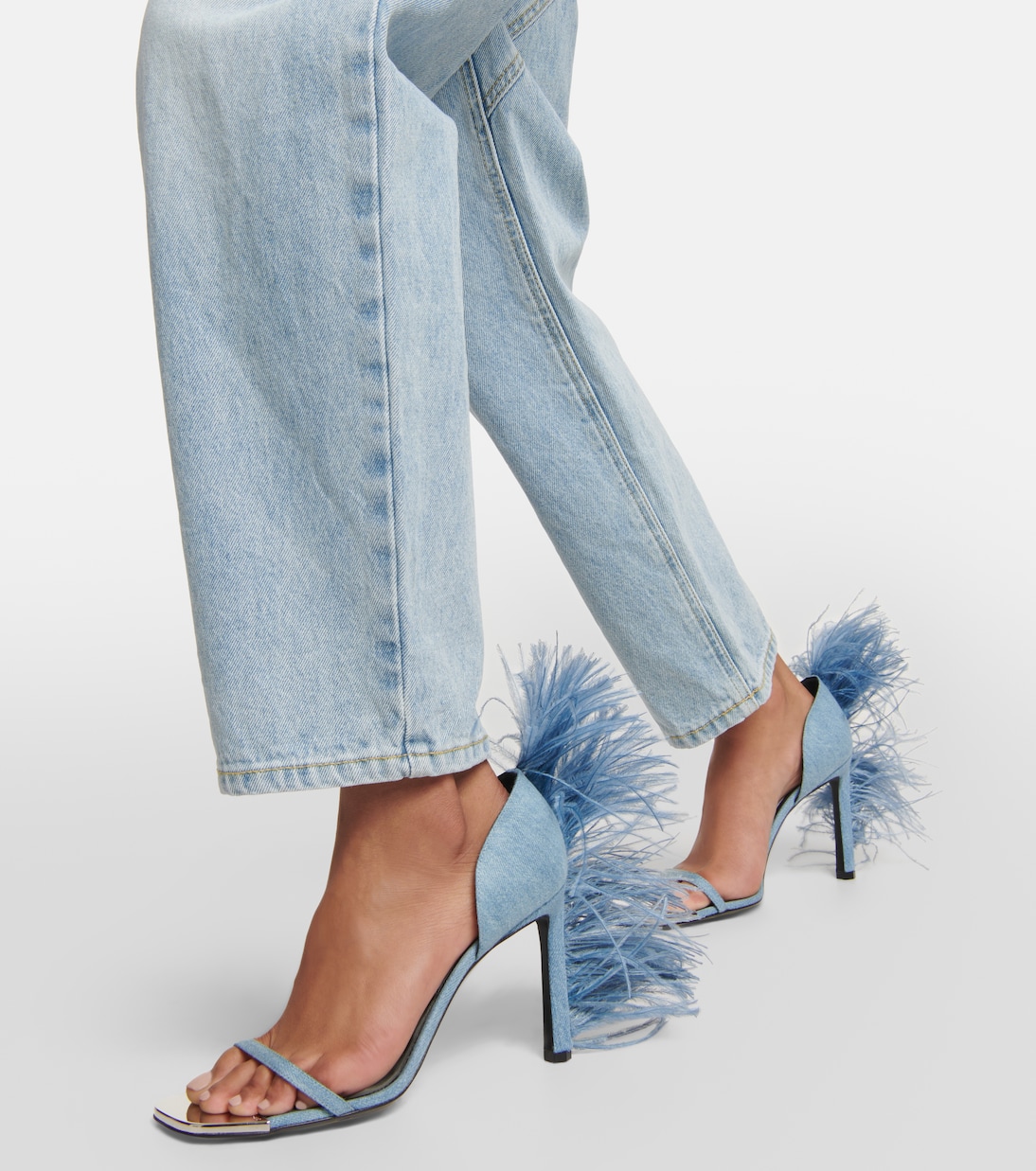 x Sergio Rossi Amazona feather-trimmed denim sandals in blue