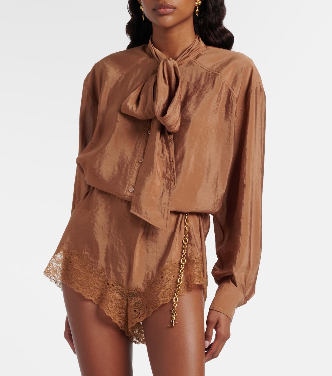 Lace-trimmed tie-neck romper | Saint Laurent