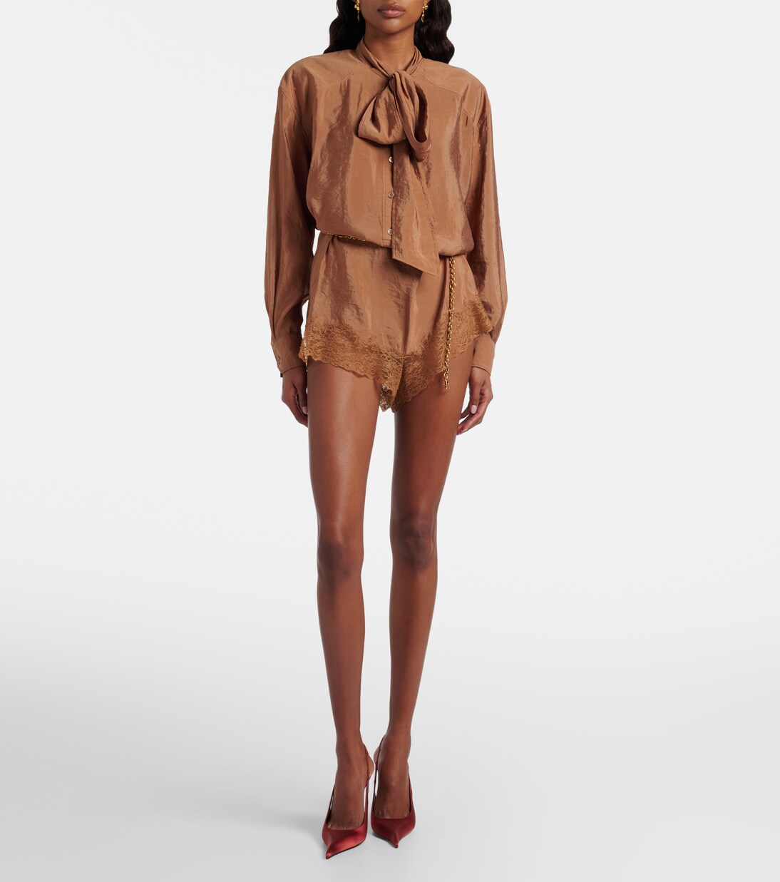 Lace-trimmed tie-neck romper | Saint Laurent