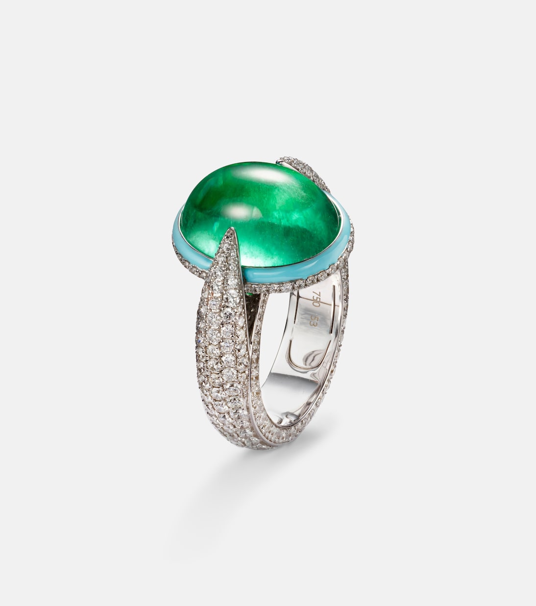 Bague en or blanc 18 ct, émeraudes et diamants | Kamyen