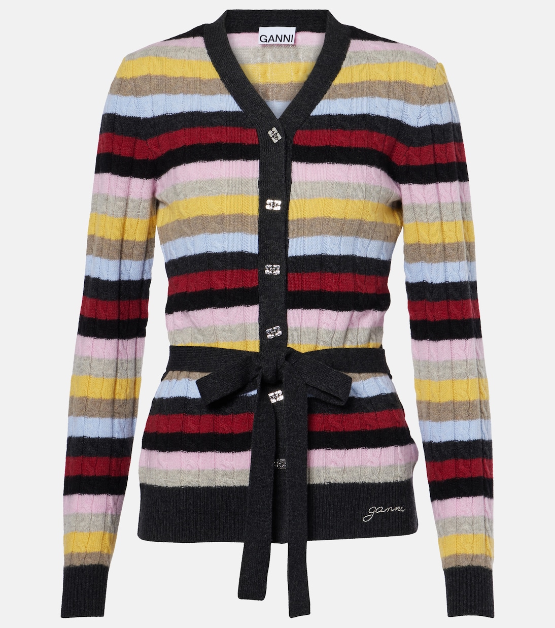 Striped cable-knit wool-blend cardigan | Ganni