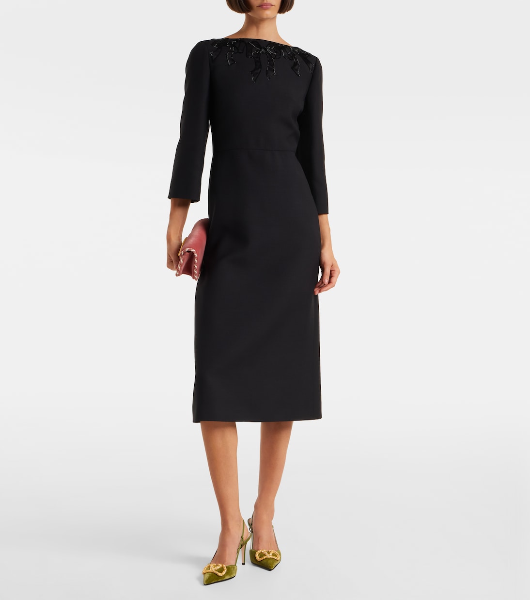 Robe midi brodée en laine et soie | Valentino