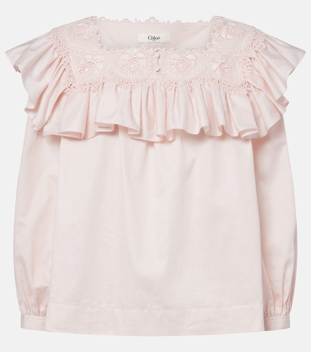 Ruffled lace-trimmed cotton blouse