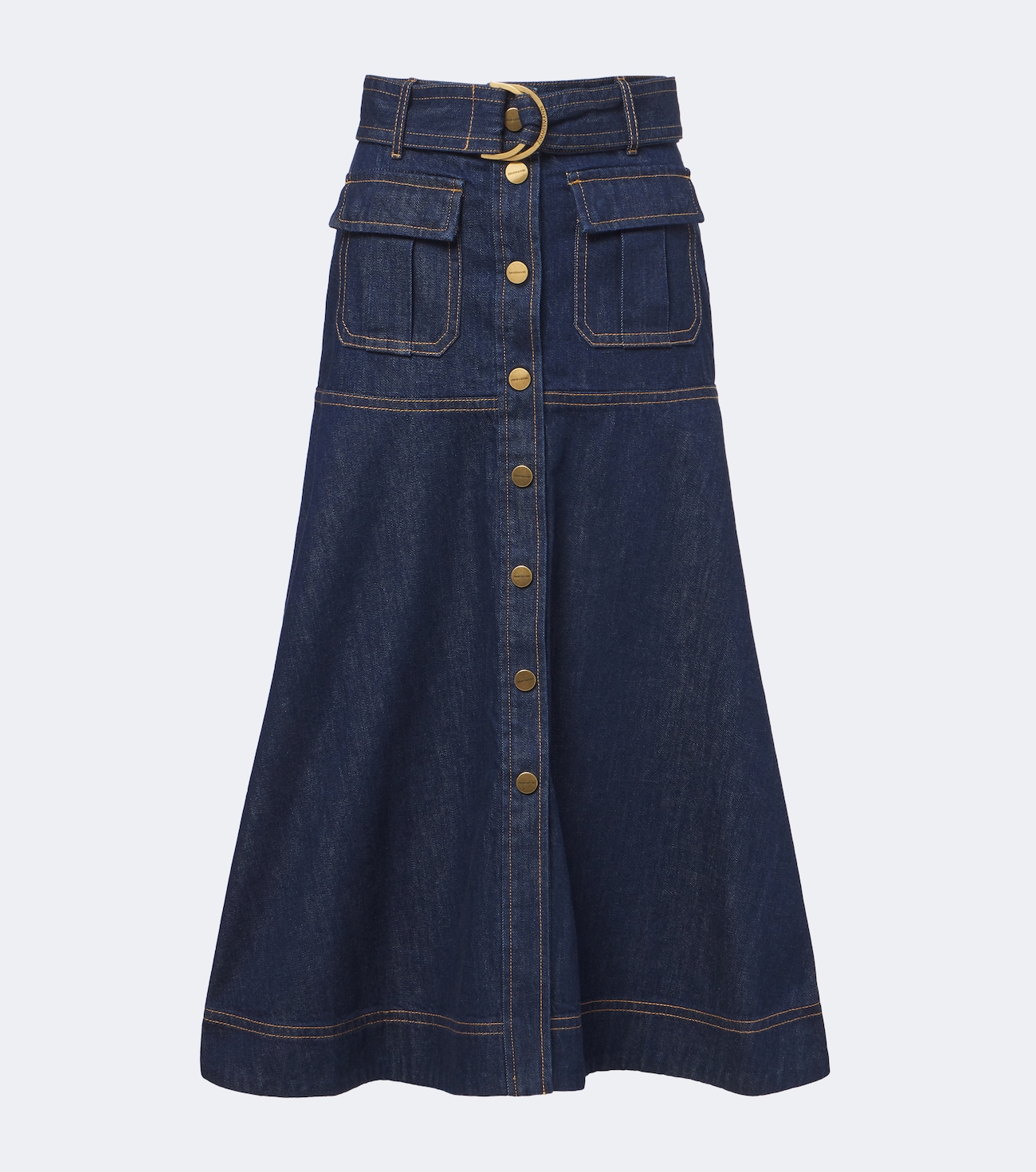Belted denim midi skirt