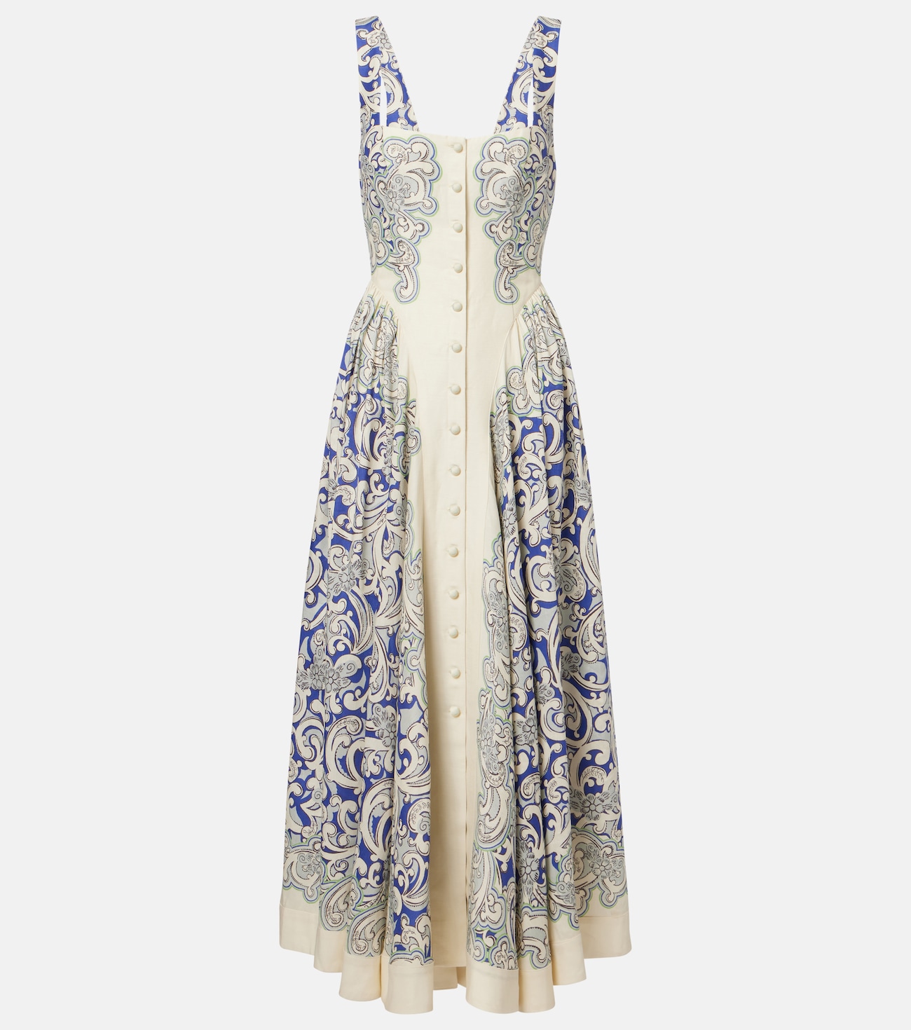 Printed linen-blend dress