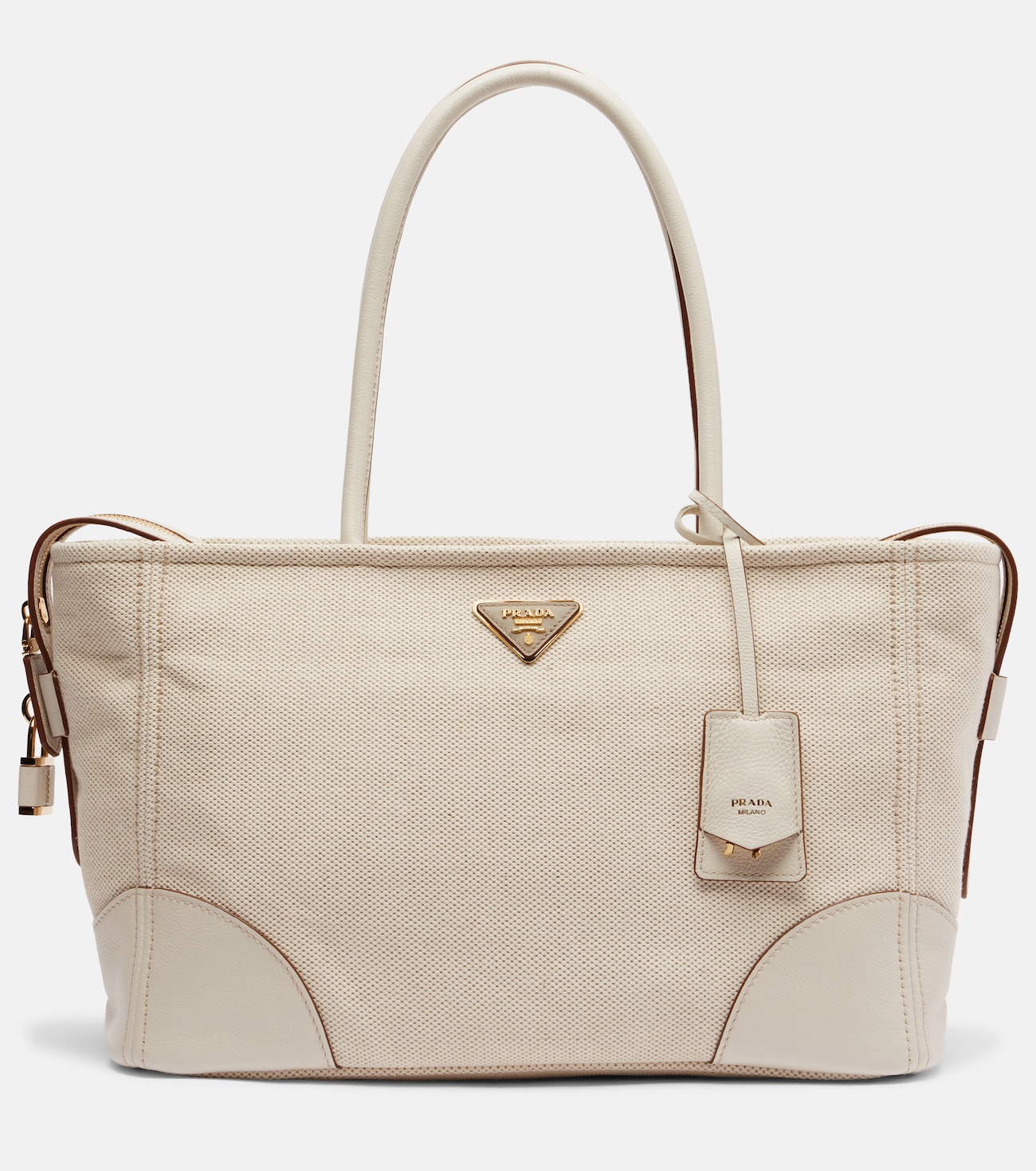 Large leather-trimmed canvas tote bag