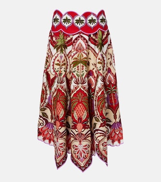 Odara Red scalloped linen-blend midi skirt | Farm Rio