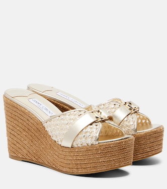 Leda raffia-trimmed leather wedge espadrilles | Jimmy Choo