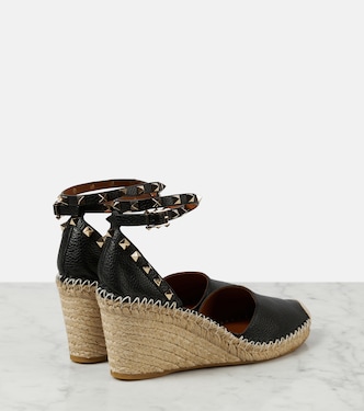 靴 Valentino Lace Espadrilles Black 36 Rare Rockstud Double leather wedge espadrilles in black - Valentino