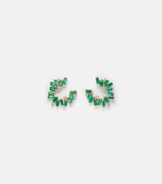 Ohrringe Izzy Sideway aus 18kt Gelbgold (750/1000) mit Diamanten und Smaragden | Suzanne Kalan