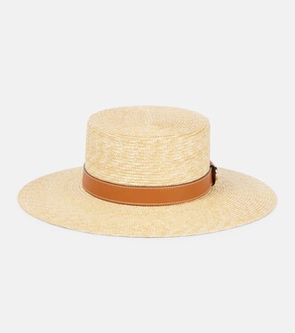 GG leather-trimmed straw boater hat | Gucci