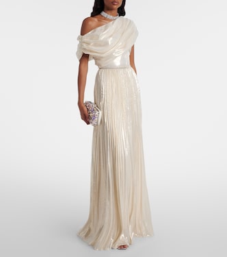 Asymmetric draped silk-blend chiffon maxi dress in gold - Self Portrait |  Mytheresa