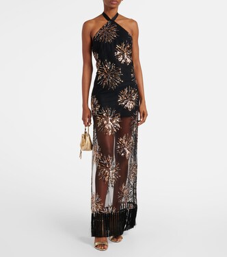Taller Marmo, Nina Soleil Sequined Maxi Dress, Women, Black, M, Dresses, Materialmix