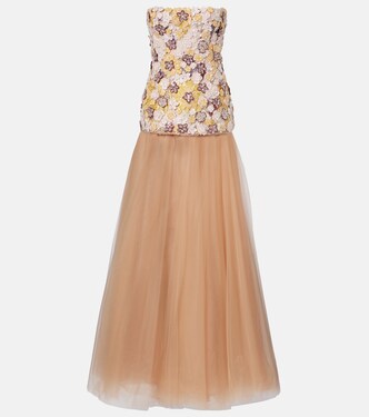 Theia floral-appliqué sequined tulle gown | Costarellos