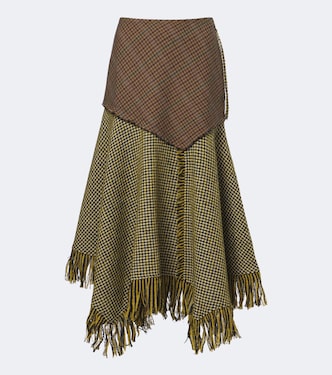 Fringed houndstooth wool-blend midi skirt | Ganni