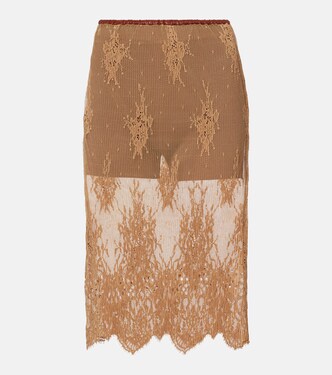 Layered leather-trimmed lace midi skirt | Jacques Wei