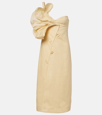 Foral-appliqué one-shoulder linen midi dress | Farm Rio