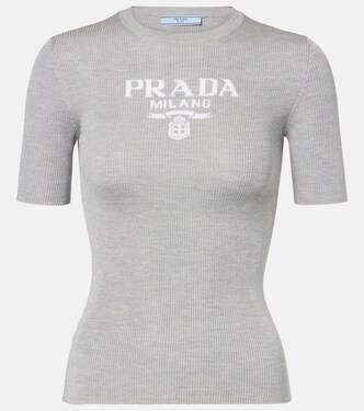 Logo ribbed-trim silk T-shirt | Prada