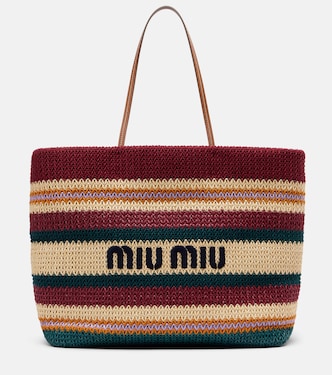 Striped woven raffia-effect tote bag | Miu Miu