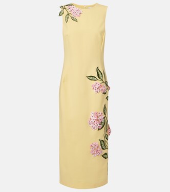 Floral-appliqué wool-blend midi dress | Oscar de la Renta